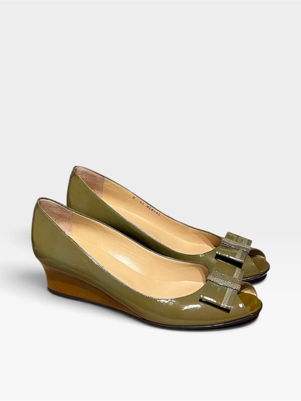 Bruno Magli Italian Leather Olive & Rust Patent Leather Peep-Toe Wedge w/ Bow